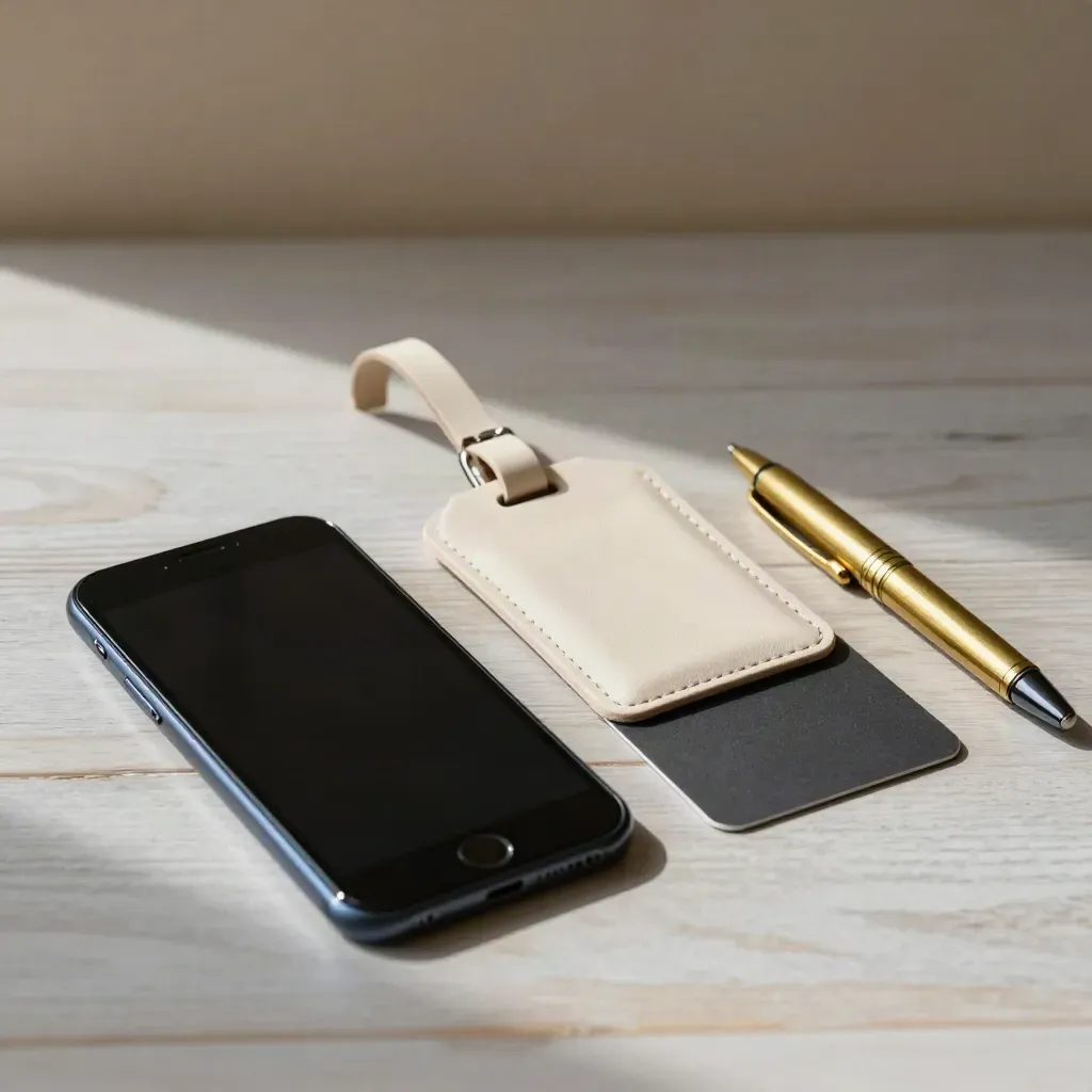 Dark phone, blank luggage tag, face-down key sleeve and brass pen on pale wood with soft side light.
