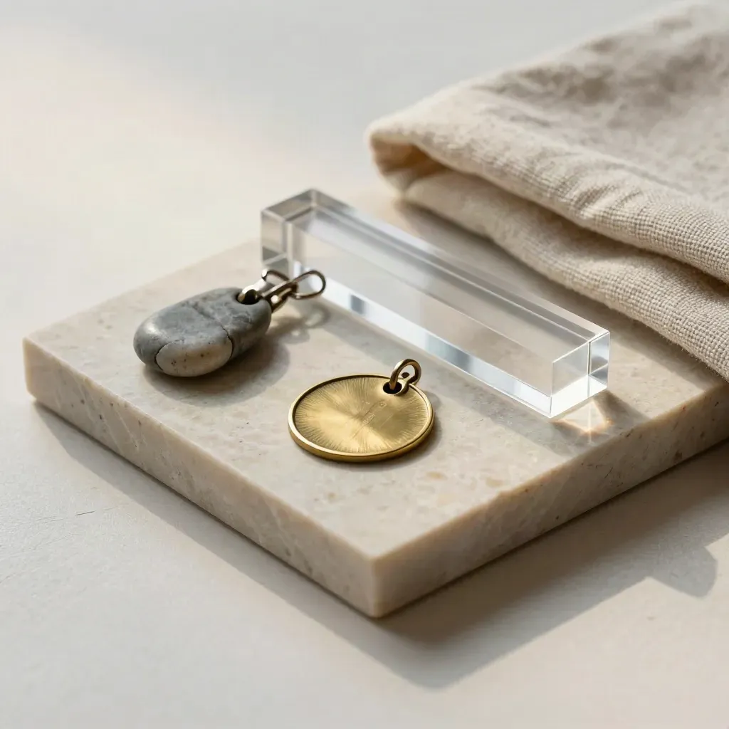 Brass fare token, key fob, and acrylic quote block on a limestone tray under soft daylight.