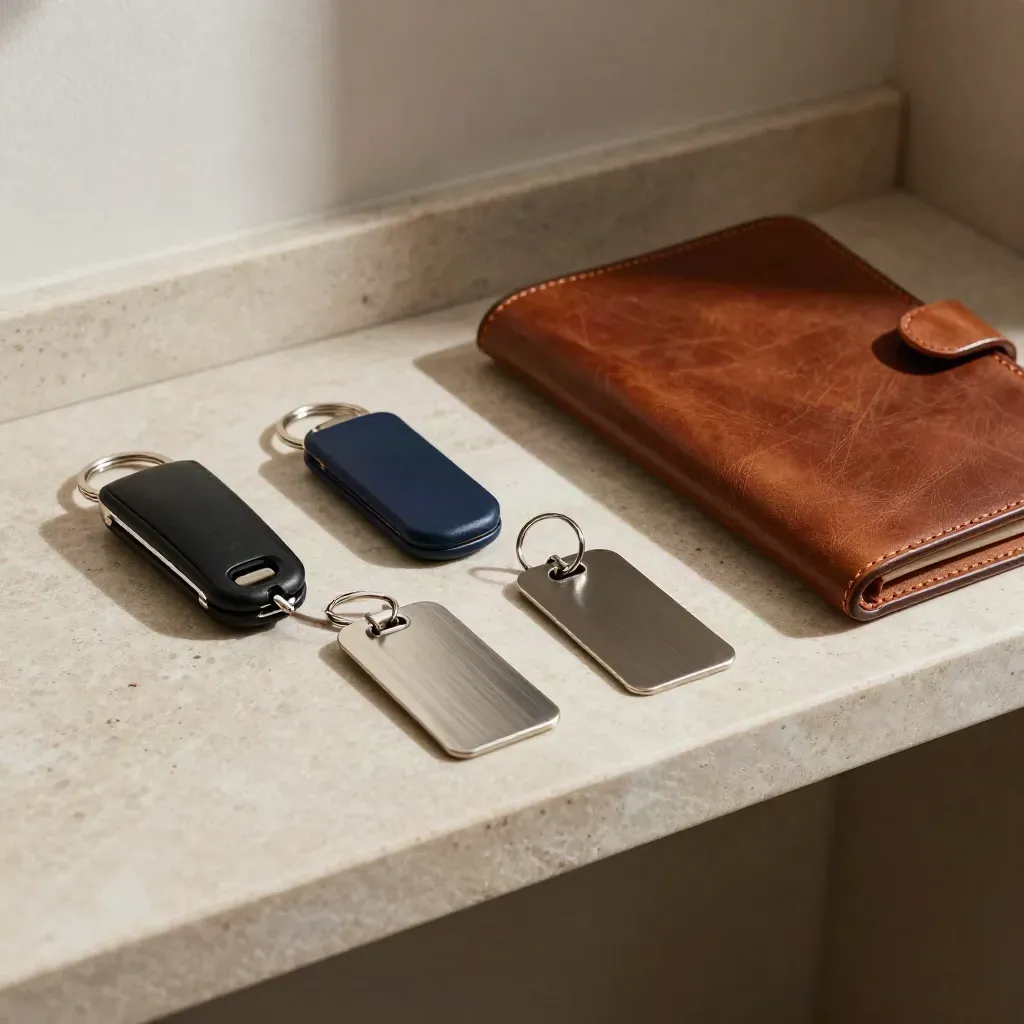 Overhead still life of key fobs, leather folio and luggage tags on a limestone shelf.