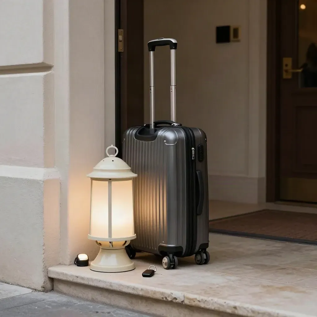 Glowing curb lantern, suitcase handle, key fob and step light at a hotel doorway
