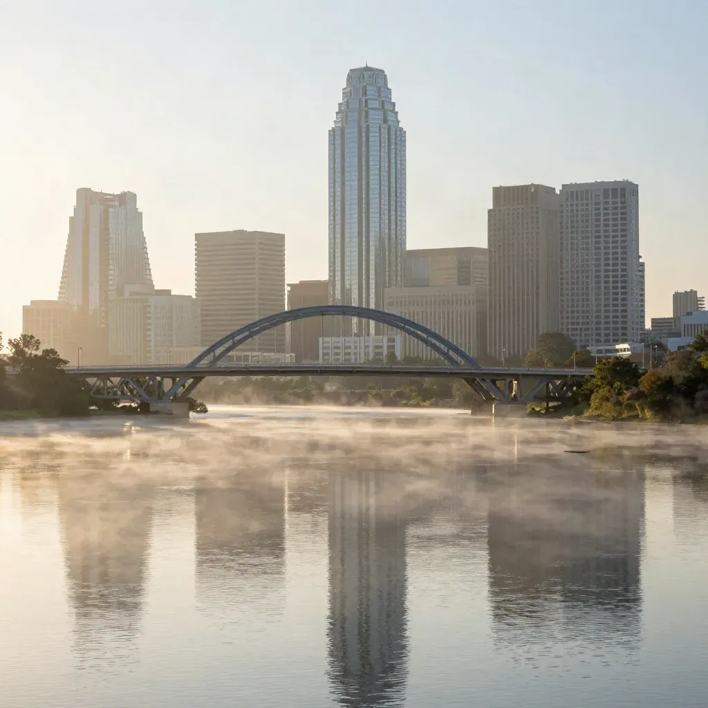 Austin skyline at sunrise over Lady Bird Lake with calm water and haze.