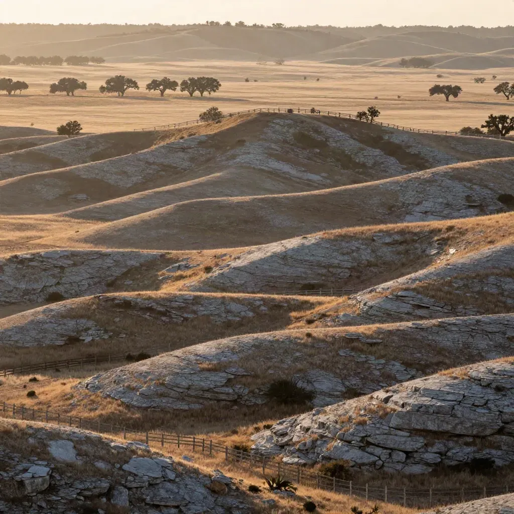 Central Texas hill country hills, oak lines, and a pale ranch fence in warm morning haze