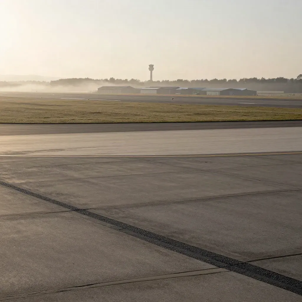 Foggy airport corridor with low hangars, distant tower, and calm tarmac for copy