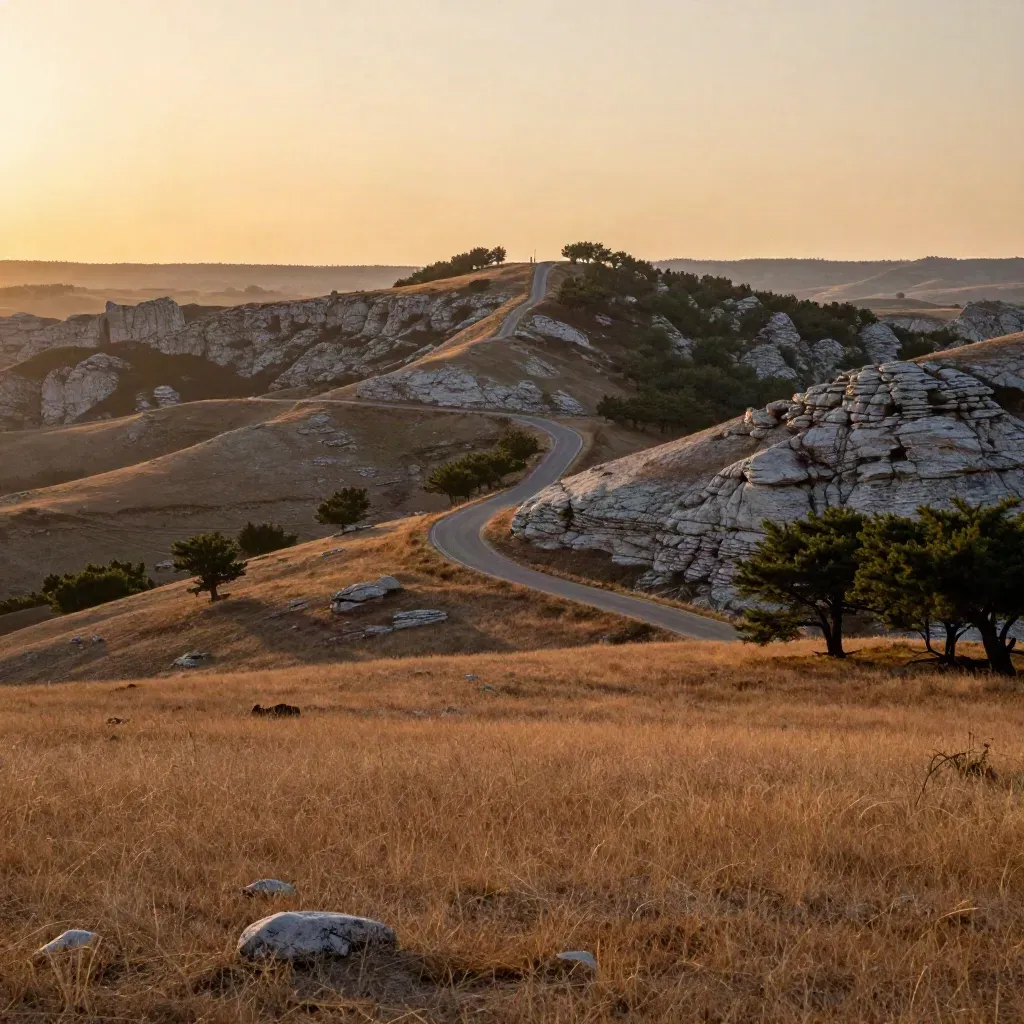 Golden Hill Country bluffs, cedar trees, and a winding road in warm haze