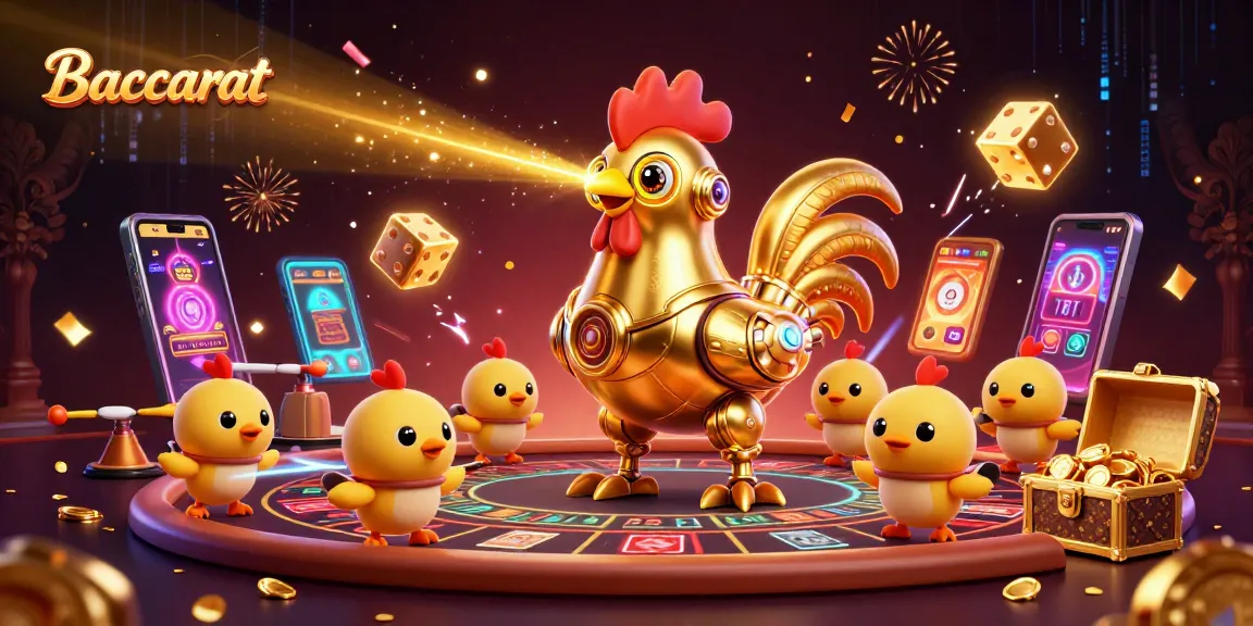 Baccarat game scene with a digital rooster robot and baby chick drones amidst vibrant casino elements.