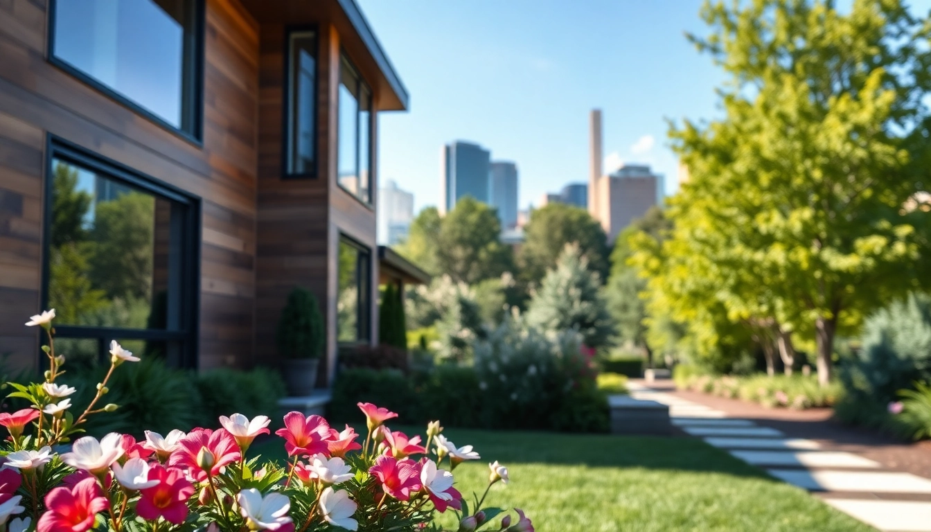 Showcasing residential architectural services Boston with a modern design home surrounded by a lush garden and city skyline.