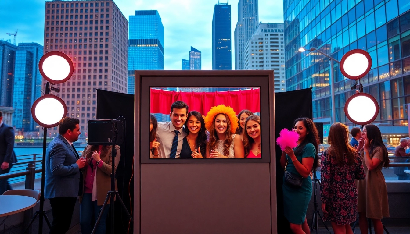 Guests enjoying a photo booth Chicago setup at a lively event with vibrant props.