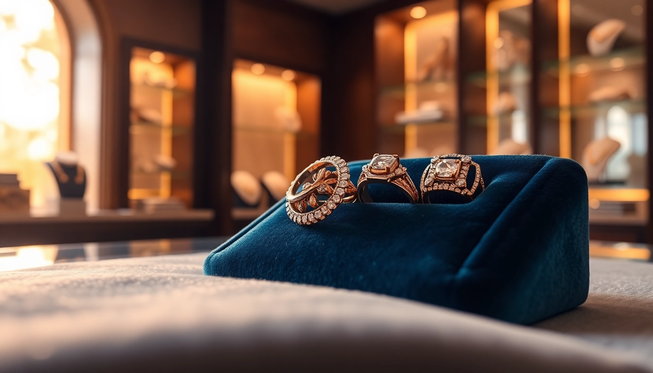 Showcase of luxury rings with intricate designs against a warm, elegant backdrop.