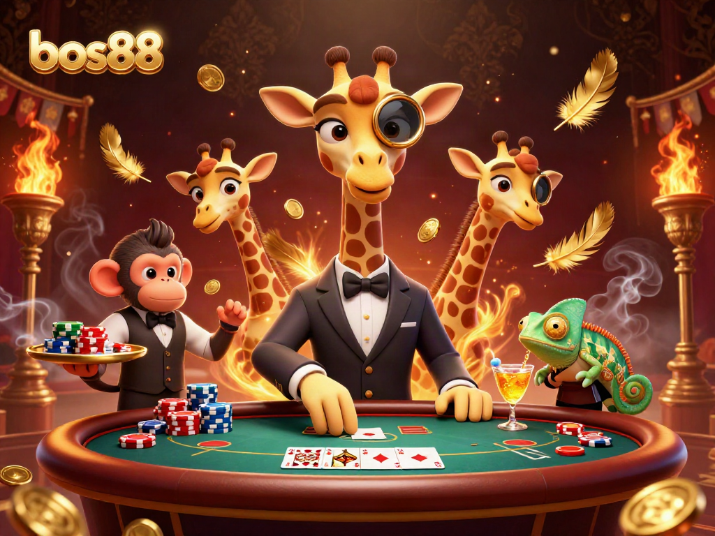 Bos88 menghadirkan suasana bermain poker di kasino dengan karakter unik dan atmosfer dramatis.