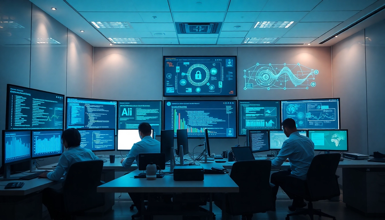 Dynamic cybersecurity AI workspace showcasing professionals analyzing threats and data.