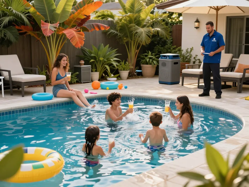 Dolphin Pool Services family enjoying a well-maintained pool with a technician inspecting equipment.