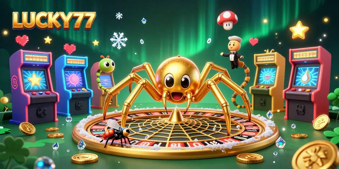 Experience LUCKY77 excitement with vibrant casino-themed characters and games in a dynamic scene.