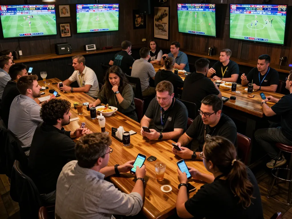 Kết quả bóng đá hôm nay displayed on screens in a busy sports bar as bettors engage in live betting.