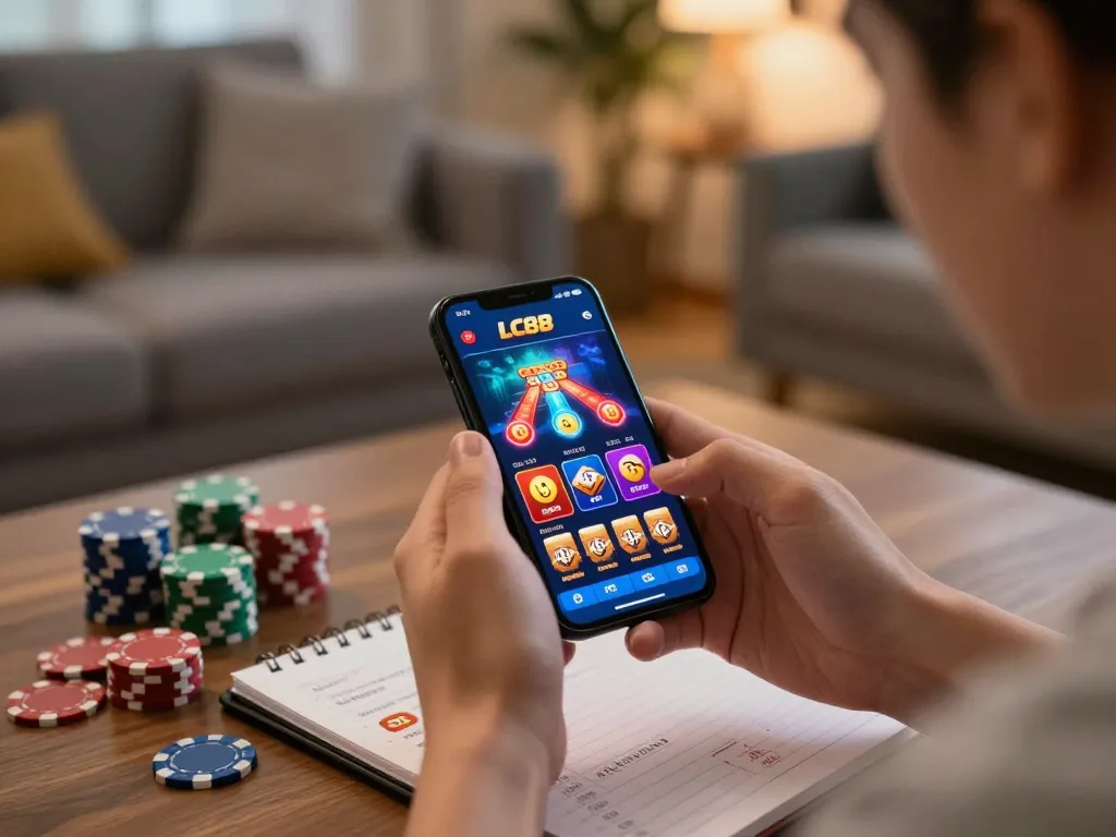 Player enjoying the LC88 online casino app on a phone with chips and notes visible