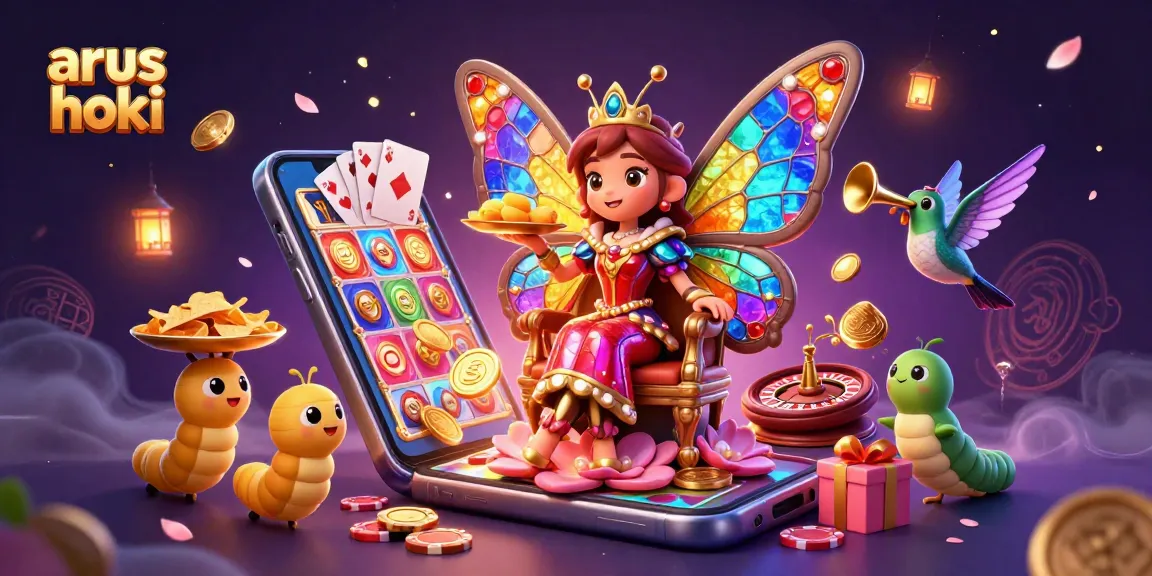 Menangkan hadiah di arus hoki dengan gambar ratu kupu-kupu 3D dan elemen kasino yang memukau.