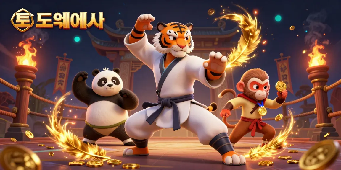 Experience thrilling action at 토토사이트 with kung fu tiger and playful monkey in a vibrant gambling scene.