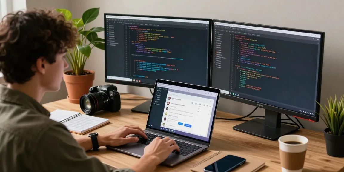 Developer coding in a modern workspace for 纸飞机中文版 app, showcasing productivity and innovation.