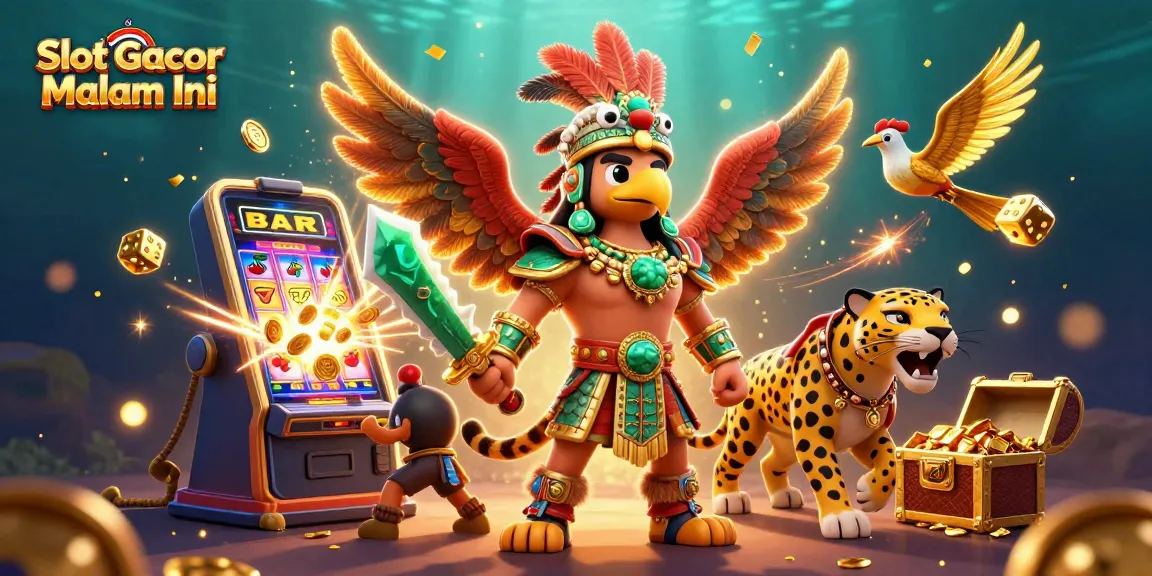 Exciting Slot Gacor Malam Ini scene with Aztec characters and dynamic casino elements attracting players.