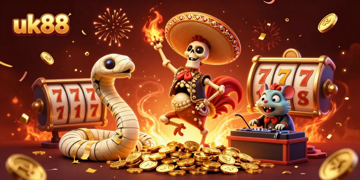Experience the excitement of uk88 with a vibrant 3D casino scene featuring lively characters and slot games.