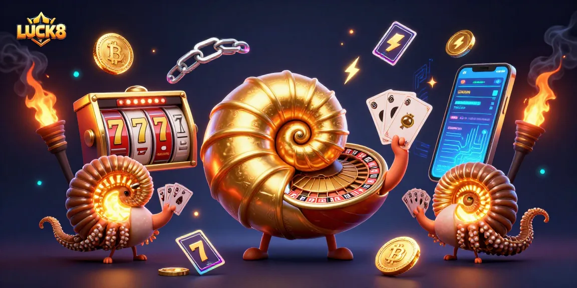 Experience LUCK8 thrills with an ancient nautilus roulette wheel, vibrant casino elements, and glowing cryptocurrencies.