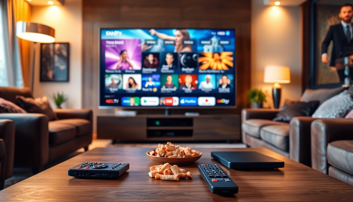 View of a stylish living room with the iron iptv interface displayed on a modern TV.