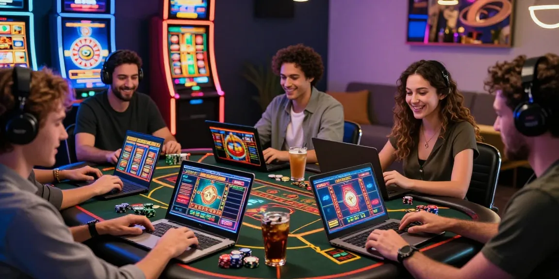 Des joueurs profitant des jeux de casino fiable en ligne sur des ordinateurs portables modernes dans une atmosphère animée.