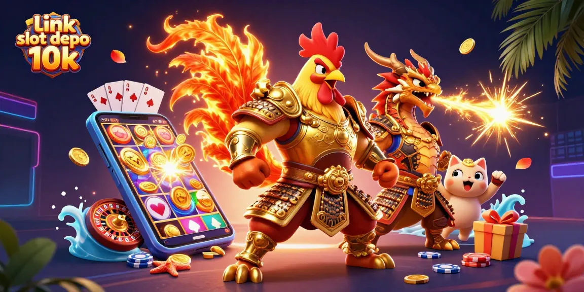 Engage with the excitement at link slot depo 10k, featuring a dynamic illustration of a samurai rooster warrior and dragon highlighting slot gaming fun.