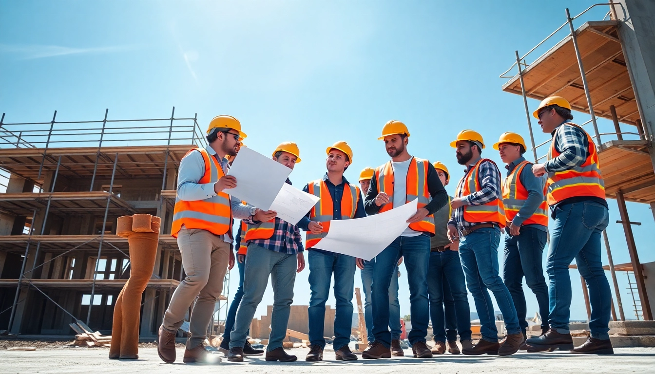 Construction career teamwork on-site with professionals engaged in various tasks.