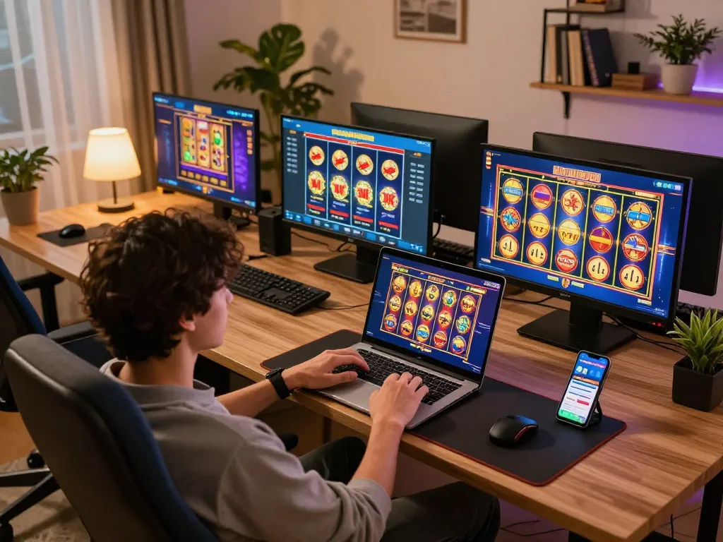 Engaging gameplay on multiple devices showing slot games during a cozy gaming session.