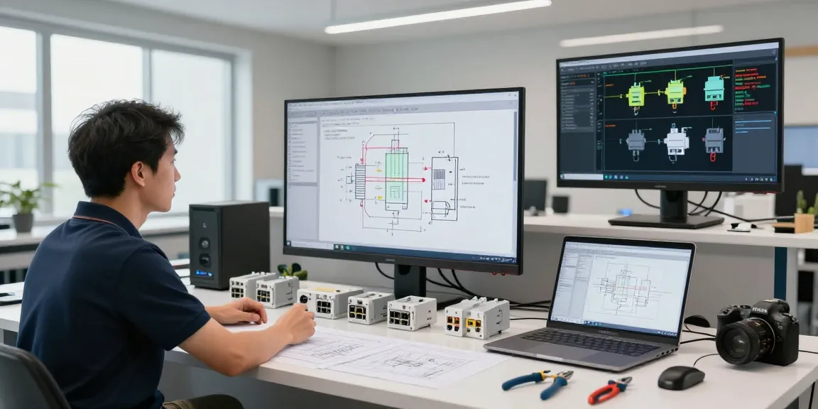 Engineers designing IEC connectors in an innovative workspace with digital displays.