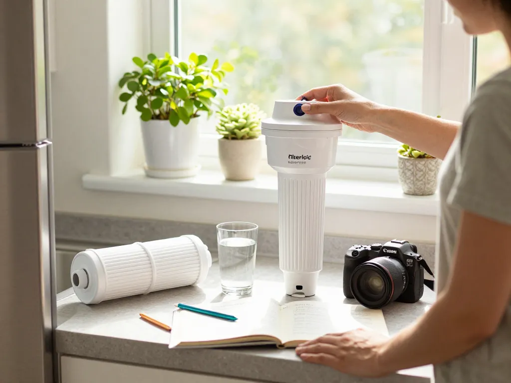 Replacing Filterlogic 4396508 Refrigerator Water Filter in a bright kitchen, showcasing fresh water clarity.