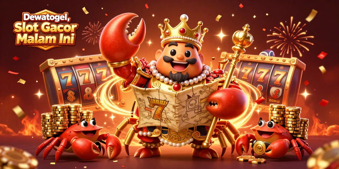Dewatogel, Slot Gacor Malam Ini showcases vibrant slot elements with an emperor crab and dynamic atmosphere.