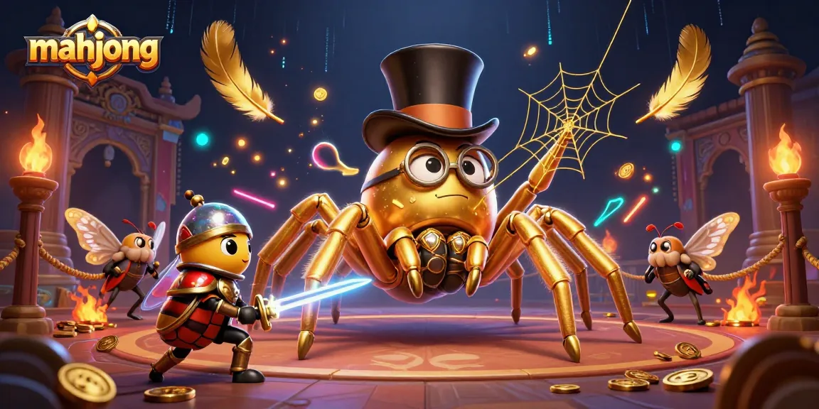 Play mahjong in a vibrant casino scene featuring a golden tarantula and a beetle knight.