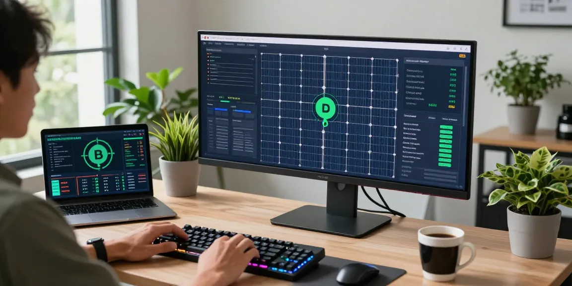 Eco friendly crypto mining workspace with modern tech, highlighting blockchain dashboards and sustainable energy sources.
