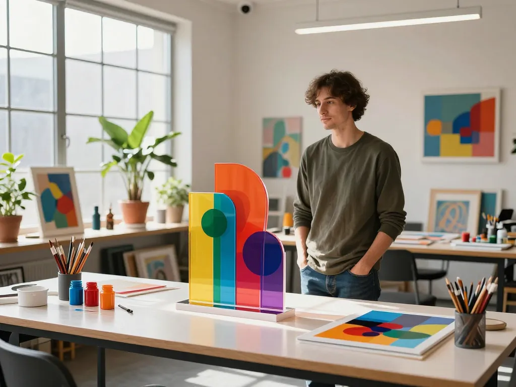 Custom acrylic standee displayed in a colorful art studio, showcasing vibrant designs and creative atmosphere.