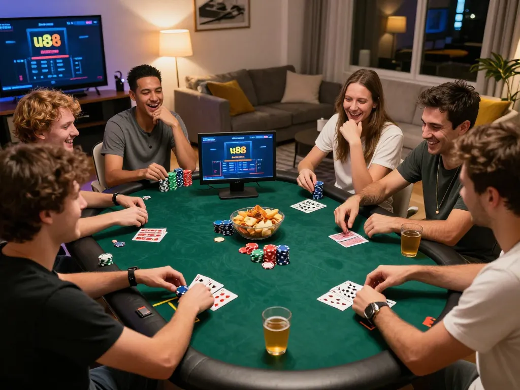 Friends enjoying a lively poker game on u888poker, showcasing fun with vibrant decor.