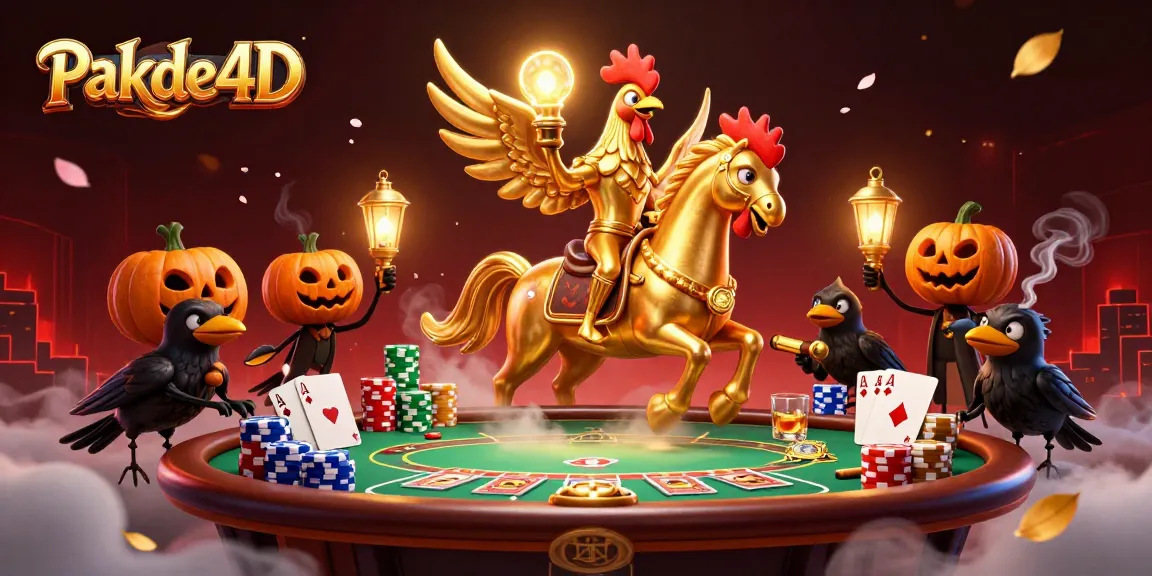 Engage with Pakde4D's vibrant casino scene featuring a golden rooster, poker chips, and glowing lanterns.