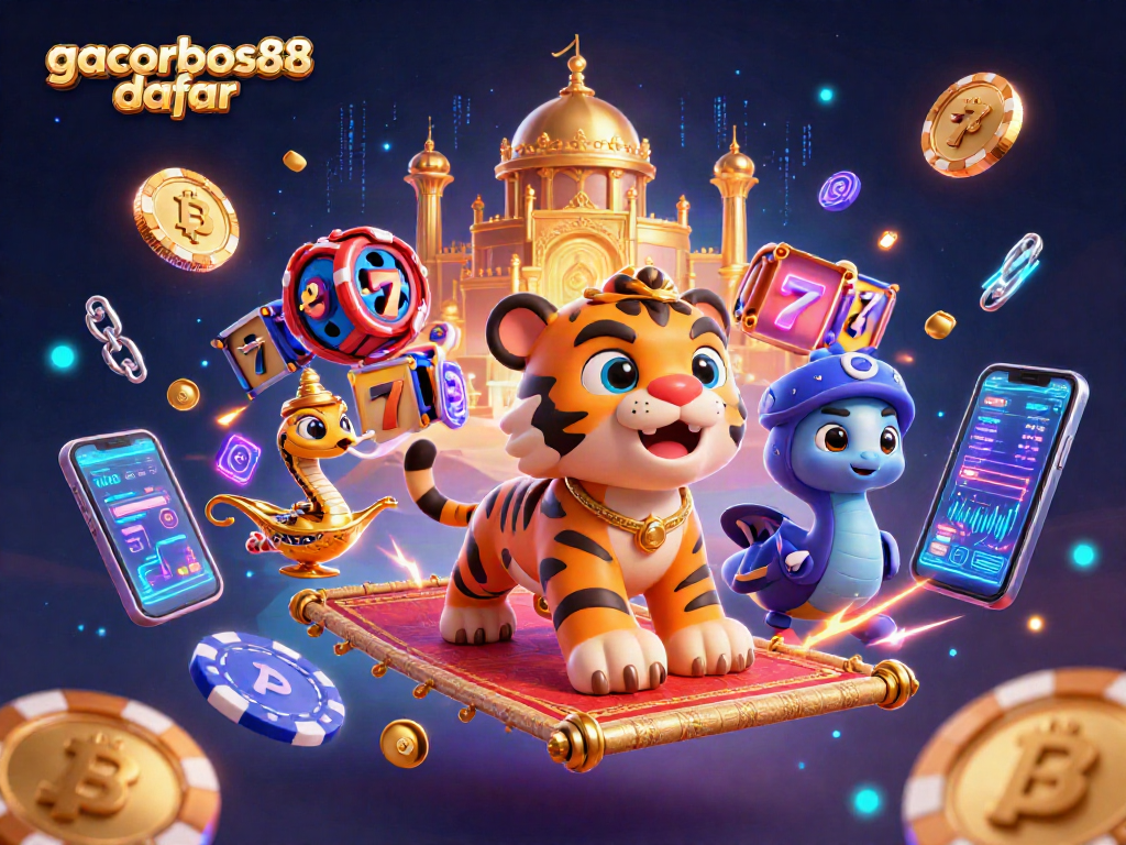 Experience gacorbos88 daftar with this vibrant 3D casino scene of a tiger sultan and bonus elements.