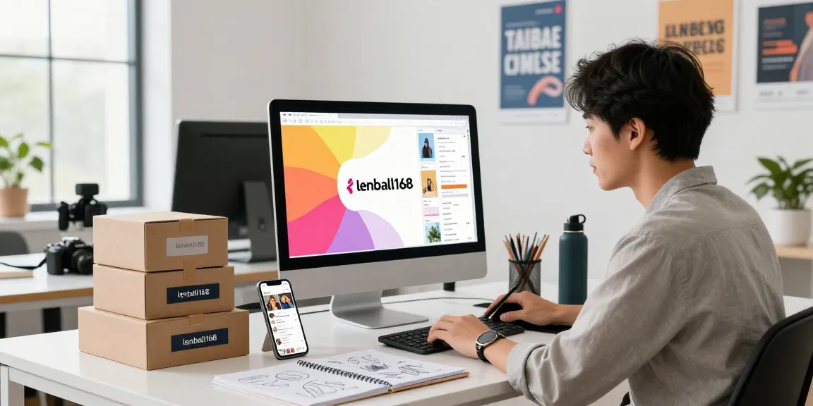 Entrepreneur analyzing e-commerce trends for lenball168 with product boxes and analytics in modern workspace.