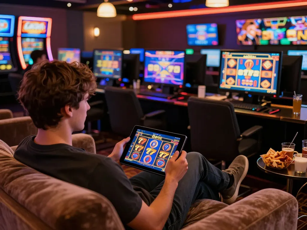 Engaged player spinning the reels on alexis77 slot in a cozy online gaming setup with tablet.