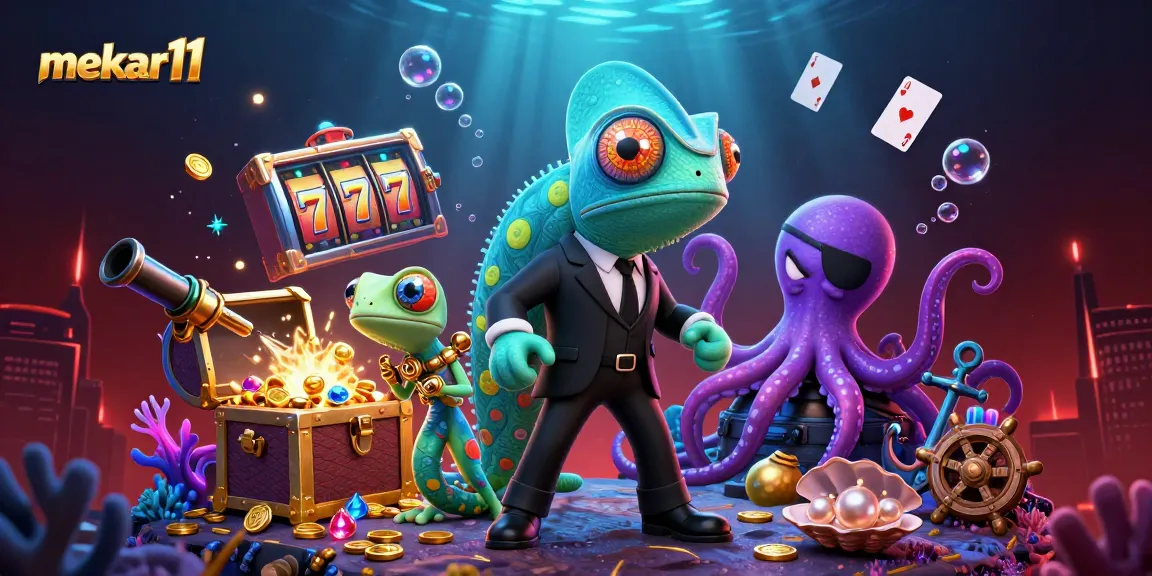 Engage with mekar11's thrilling slot games in this dynamic 3D illustration featuring vibrant colors and exciting elements.