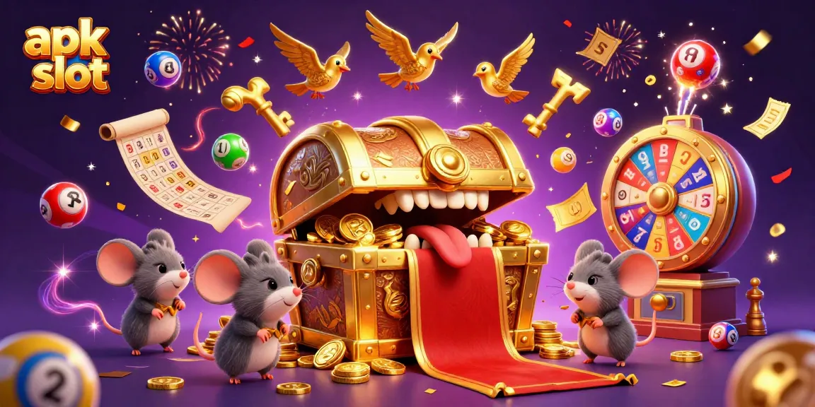 Mainkan apk slot dengan peti harta karun menggiurkan dan bola lotere berwarna-warni.