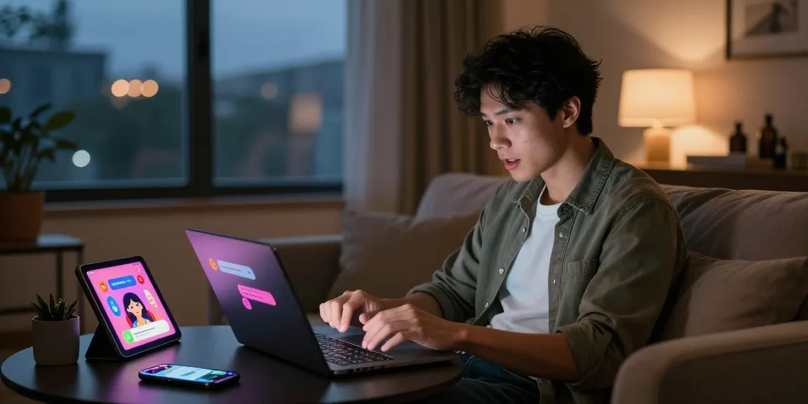 Young adult engaging in an exciting nsfw chat ai experience on a laptop, surrounded by a cozy and modern setup.