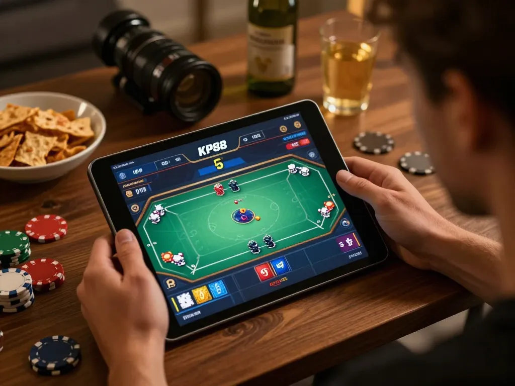 Player enjoying KP88 com poker game online with snacks in a cozy home setting.