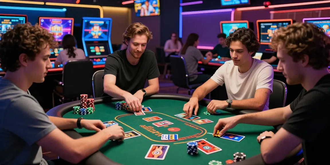 Dynamic credit card casino scene with players at virtual tables, showcasing exciting card games and vibrant graphics.