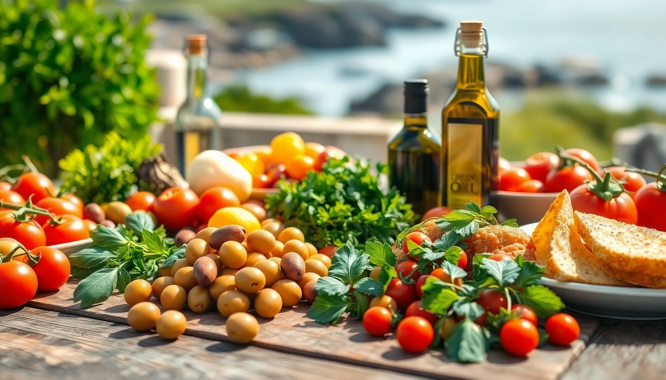 Prepare a vibrant Mediterranean diet spread with fresh vegetables and olive oil.