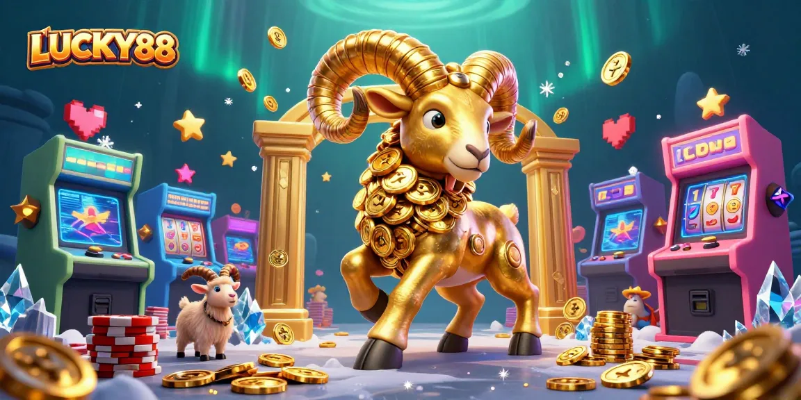 Engage with LUCKY88 slot reels in a dynamic casino scene filled with animated gold and gaming excitement.