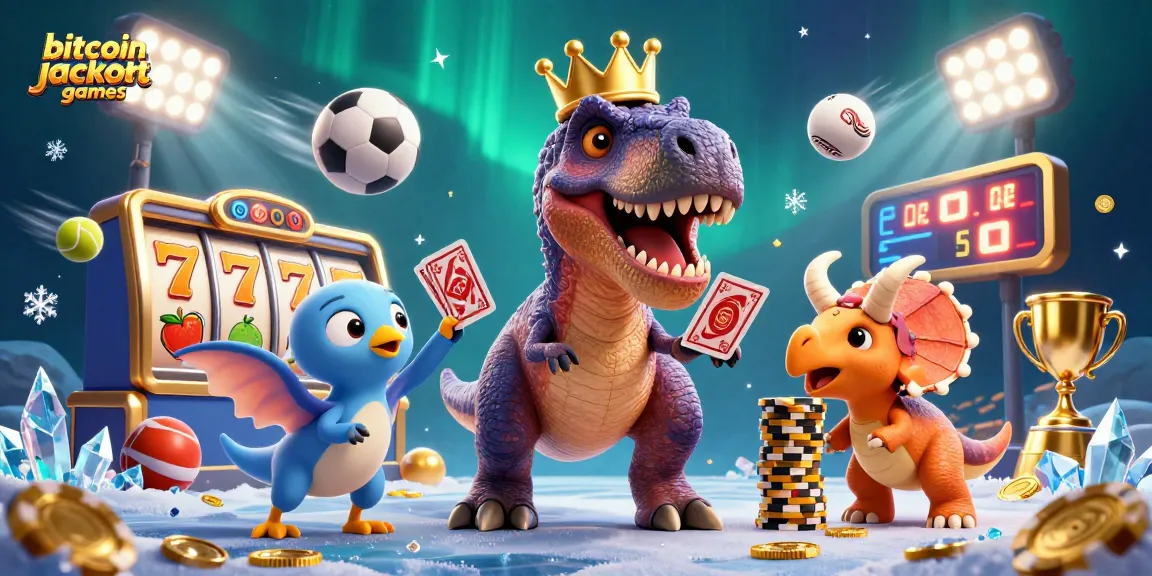 Experience thrilling bitcoin jackpot games with T-Rex, pterodactyl, and triceratops in a dynamic casino scene.