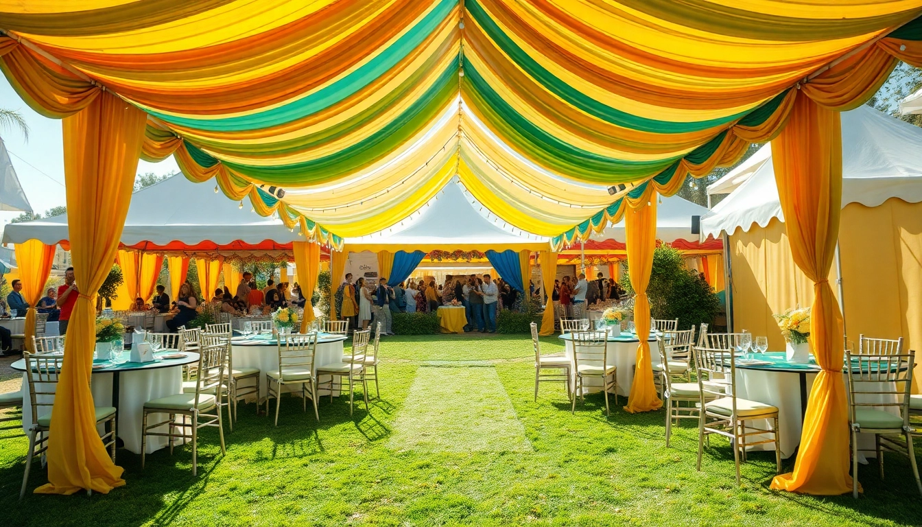 Enjoying elegant Tent Rentals at a vibrant outdoor event with colorful setups.