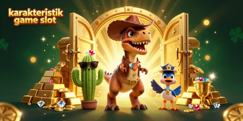 Menampilkan karakteristik game slot yang menarik dan menguntungkan dengan elemen bertema kasino di latar belakang.